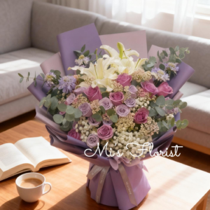 百合花束 - 白色百合花 & 紫色玫瑰花