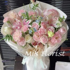 百合花束 - 粉色百合花 & 粉雪山玫瑰花