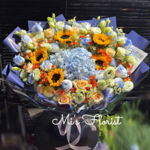升職花束 / 男士花束 - 巨型大花束 - 藍色繡球花 & 向日葵