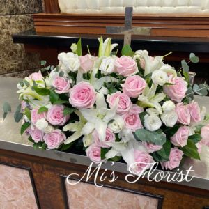 棺面花 - 白色百合花 & 粉雪山玫瑰花