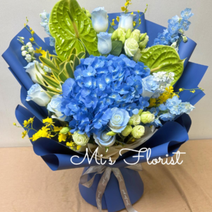 男士花束 - 藍色繡球花 & 綠色掌 & 跳舞蘭