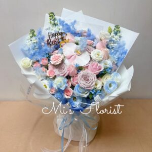 男士生日花束 / 畢業花束 - 玫瑰花 & 桔梗花 （白色包裝）