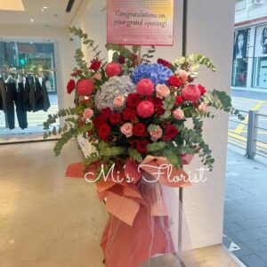 演唱會花籃 & 開張花籃 – 藍色繡球花 & 紅色玫瑰花