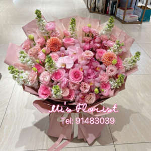 巨型花束 - 粉色系列，繡球花、蝴蝶蘭、玫瑰花、紫羅蘭
