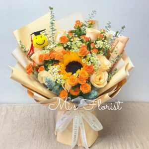 畢業花束 – 向日葵、香檳玫瑰花、哈哈笑畢業帽
